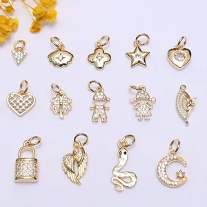14k Gold Plated Copper Micro Pave Zirconia Charms Clover Heart Star Moon Snake For DIY Bracelet Necklace Jewelry Making Pendants