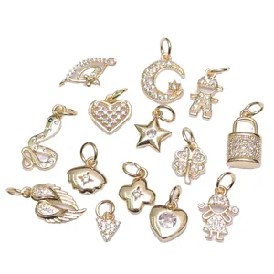 Variety set of 14K gold plated zircon pendants featuring heart clover and wing designs