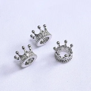 Three silver crown spacer beads with cubic zirconia for DIY jewelry making