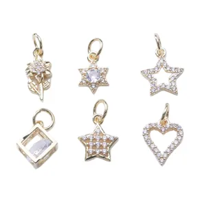14K gold plated micro-p鑲 ziconia charms including star heart and floral shapes for DIY