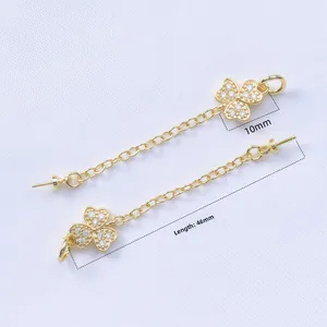18k gold plated clover earrings with cubic zirconia micro-pave and chain dangle, 46mm