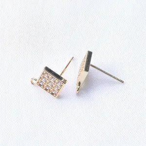 Square 14K gold plated earring studs with 3x3 micro-pave zircons and DIY hanging loop