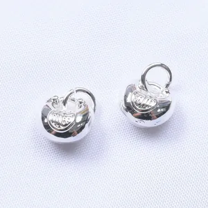Pair of polished silver lock charms with 100 engraving and circular rings for DIY jewelry