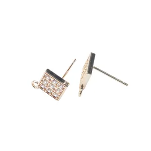 Square 14K gold plated stud earrings with pavé zircon stones and hanging loop