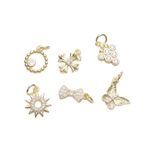 Lot de 6 pendentifs dorés 18K avec zircons, nœud et cœur pour la création de bijoux DIY