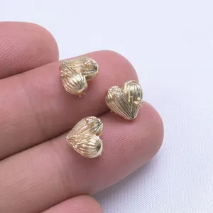 18k gold plated heart-shaped bead with zircon inlays and shell texture for DIY jewelry