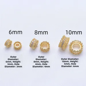 Perles intercalaires creuses en plaqué or 18K avec zircon, tailles 6, 8, 10mm