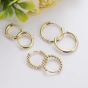 14K Gold Plated Brass Round Hoop Earrings For Women DIY Jewelry Making Simple Smooth Beaded Circle Huggie Earring Findings