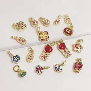 Colgantes chinos de esmalte chapado en oro con loto y calabaza para joyería DIY