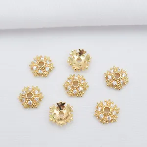 14K gold plated snowflake flower bead caps with micro-pave zircons for DIY jewelry making