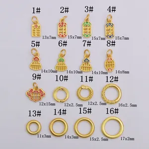 Collection of 16 gold-plated brass charms with enamel details for DIY jewelry making