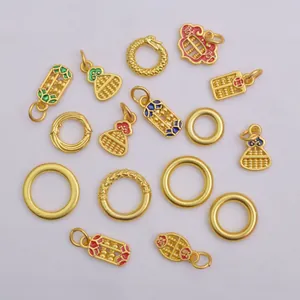 Golden DIY jewelry charms set featuring abacus, gourd pendants and enamel rings