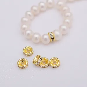 14k gold plated 6mm rondelle spacer beads with white rhinestones for DIY jewelry