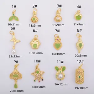 12 assorted gold charms with green stones and pearls for DIY bracelet making