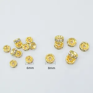 14k gold plated rhinestone rondelle spacer beads in 6mm and 8mm for DIY jewelry making