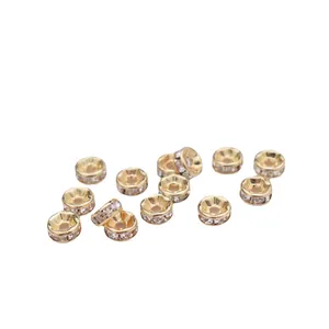 Bulk 14k gold plated round rondelle spacers with clear rhinestones for DIY jewelry making
