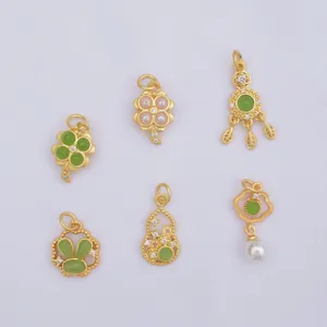 Gold-plated jewelry charms set with green gemstones and pearls for DIY accessories