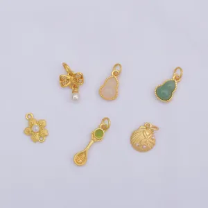 Golden bow and clover charms with pearls and green jade pendants for DIY jewelry making