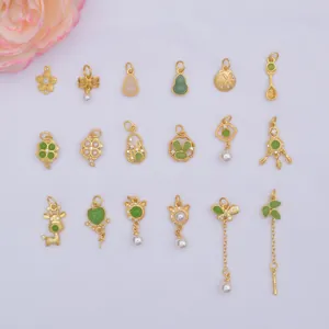 Vintage Gold Plated Copper Pendant For DIY Jewelry Making Zirconia Imitation Artificial Pearl Rabbit Four Leaf Clover Gourd Charm