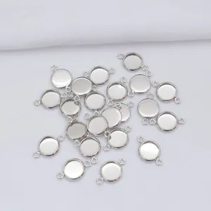 Polished silver round bezel trays with dual hanging loops for DIY jewelry making
