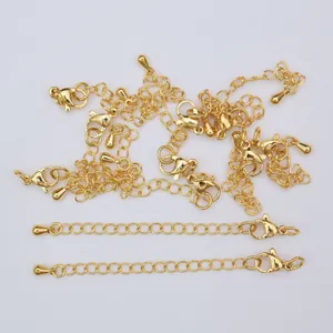 24k gold-plated lobster clasp extension chains with teardrop pendants for jewelry DIY