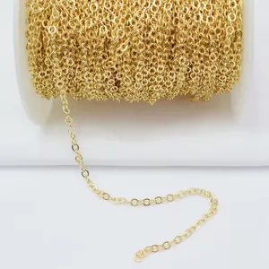 Detail of 14k gold-plated 3mm flattened O-chain for DIY jewelry making on white spool