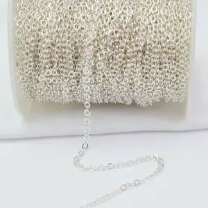 Macro view of 3mm silver O-link jewelry chain wound on a white spool for DIY crafting
