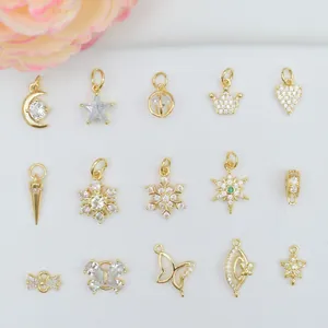 Breloques en Cuivre Plaquées Or 14k Avec Zircone Pendentif Uniquement Sans Chaîne Pour Accessoires de Fabrication de Bijoux DIY Forme Lune Étoile Flocon de Neige Coeur Papillon