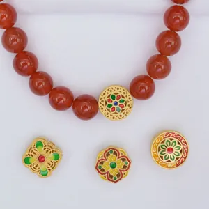 Ethnic gold enamel spacers and red agate beads necklace in traditional Chinese style