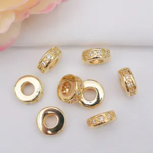 Brass Zircon Donut Spacer Beads Gold Silver Plated Rhinestone Circular Loose Beads For DIY Jewelry Making Accessories
