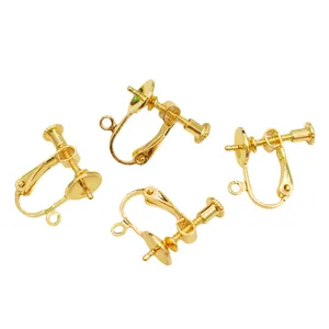 Set of four adjustable gold screw-on earring converters with round tray for DIY jewelry