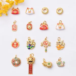 Modern Chinese Style Dragon Lion Fortune Bag DIY Pendant Gold Plated Copper Enamel Charms For Handmade Bracelet Jewelry Making