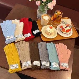 Women Korean Style Hollow Out Knitted Gloves Winter Warm Full Finger Mittens With Decorative Patch Ruffle Cuff Chic Accessories
