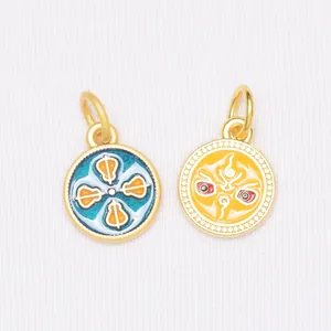 Golden enamel charms with blue and yellow traditional patterns for DIY bracelet making