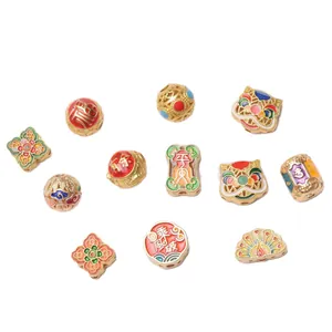 Perles en émail plaquées or de style chinois avec caractères porte-bonheur pour bijoux DIY