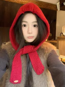 Detail of red knitted balaclava hood showing thick wool texture and warm ear protection