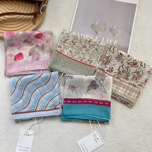 Women Small Square Scarf Cotton Blend Floral Polka Dot Print Headscarf Neckerchief Retro Bohemian Fashion Hair Band Wrap