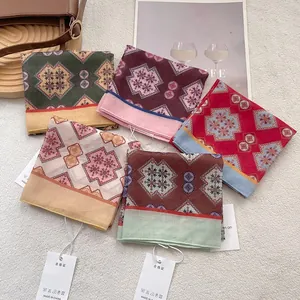 Five geometric pattern silk scarves in vintage ethnic styles with various color options