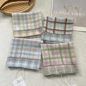 Pink and green plaid cotton square scarves in a stylish four-color combination set