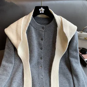 Winter grey knit cardigan with cream shawl hood and button detail for casual wear