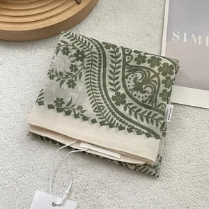 Detail of vintage paisley print scarf showing washing label with cotton and polyester blend