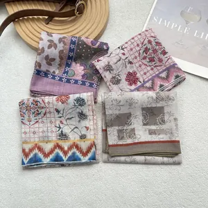 Set of four vintage cotton linen plaid square scarves with floral and geometric patterns