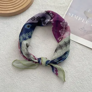 Ethnic geometric print cotton linen square scarf with bohemian patchwork patterns