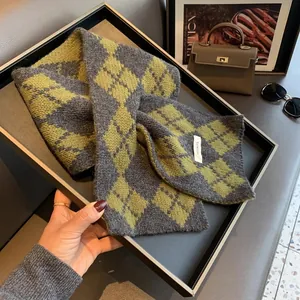 Macro detail of 100% pure wool scarf tag showing premium argyle knit pattern