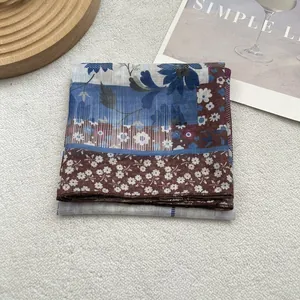 Vintage cotton linen plaid headscarf with floral print patterns in blue and brown