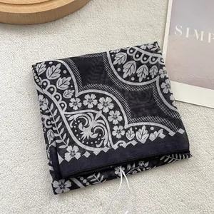 Detail of vintage black and white floral pattern on lightweight chiffon square scarf