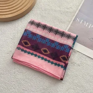 Multicolor geometric pattern linen-cotton square scarf with soft pink and blue tones