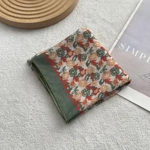Vintage cotton linen scarf with floral fireworks pattern and dark green borders