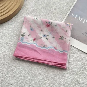 Pink and beige cotton-linen floral scarf with wavy lace edges for women's summer fashion