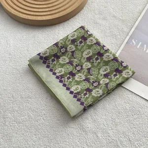 Vintage floral cotton linen neck scarf with retro fireworks pattern on white plush background